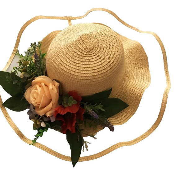 NEW Straw  brimmed  hat w  silk flowers One of a kind - Picture 1 of 5
